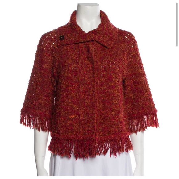 St. John Sweater Jacket Rustic Red Orange Wool Blend Fringe Signature Logo Sz P - Picture 1 of 3